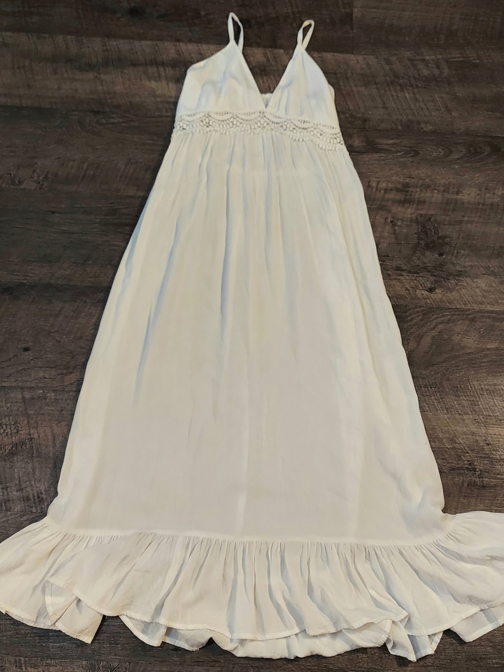 Boho Me White Maxi Sundress with Crochet Waist and Ruffle Hem Size S